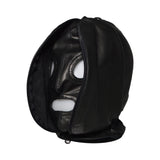 Prowler RED leather hood unzipped showing inner mask with eye openings - BDSM Authority