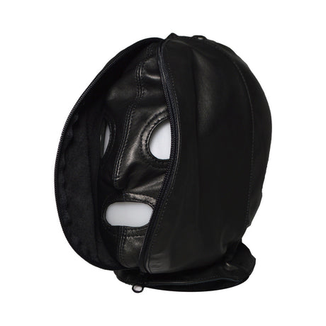 Prowler RED leather hood unzipped showing inner mask with eye openings - BDSM Authority