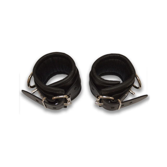 Prowler RED lockable leather ankle restraints in black, S/M pair - BDSM Authority