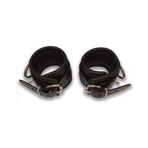 Prowler RED lockable leather ankle restraints in black, L/XL pair - BDSM Authority