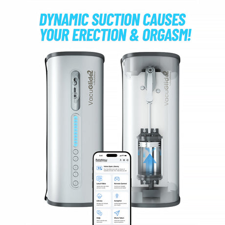Autoblow VacuGlide 2 shown with smartphone app and internal piston - BDSM Authority