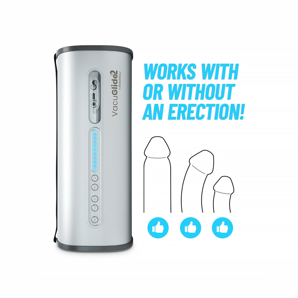 Autoblow VacuGlide 2 graphic showing it works with or without an erection - BDSM Authority