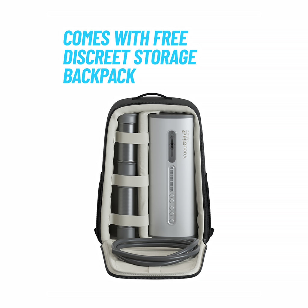 Autoblow VacuGlide 2 with its included discreet storage backpack open - BDSM Authority