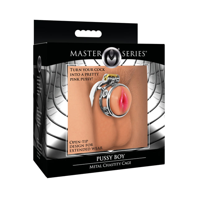 Master Series Pussy Boy metal chastity cage with pink silicone end-cap - BDSM Authority