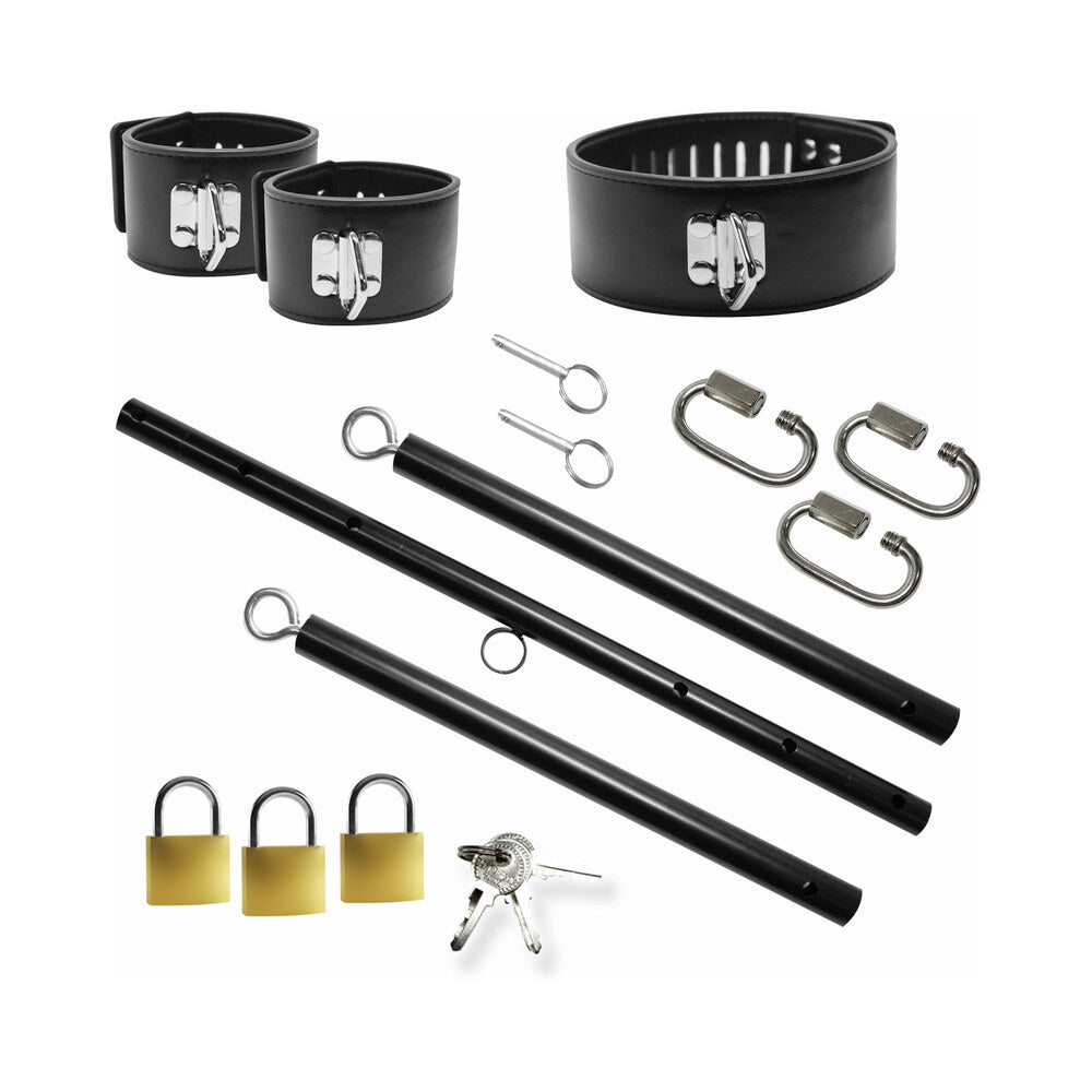 Master Series Dominion spreader bar set components with collar cuffs and locks - BDSM Authority