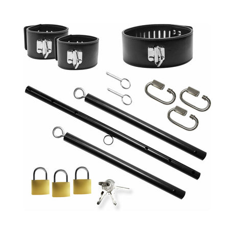 Master Series Dominion spreader bar set components with collar cuffs and locks - BDSM Authority