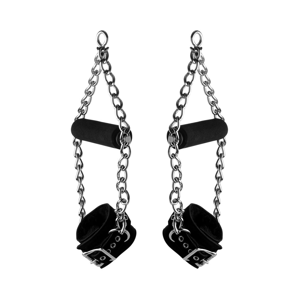 Strict Leather fur-lined nubuck suspension cuffs pair with grip handles - BDSM Authority