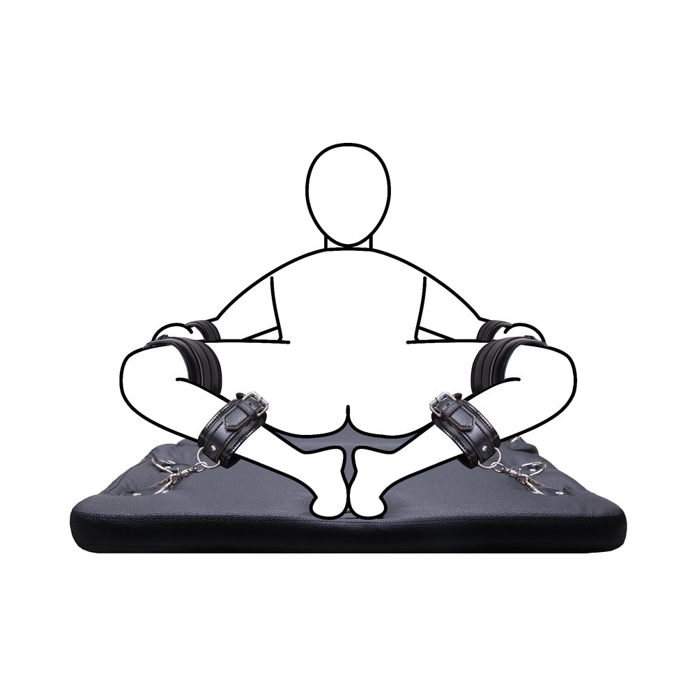 Diagram of the Prowler RED bondage board with a person restrained - BDSM Authority