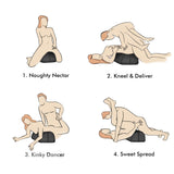 Illustrations of four sex positions using the Love Toy Cushion saddle pillow - BDSM Authority