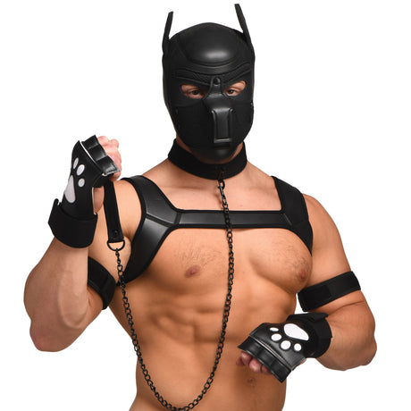 9 Piece Deluxe Pup Arsenal puppy play kit with neoprene hood, tail plug, collar and harness laid out at BDSM Authority