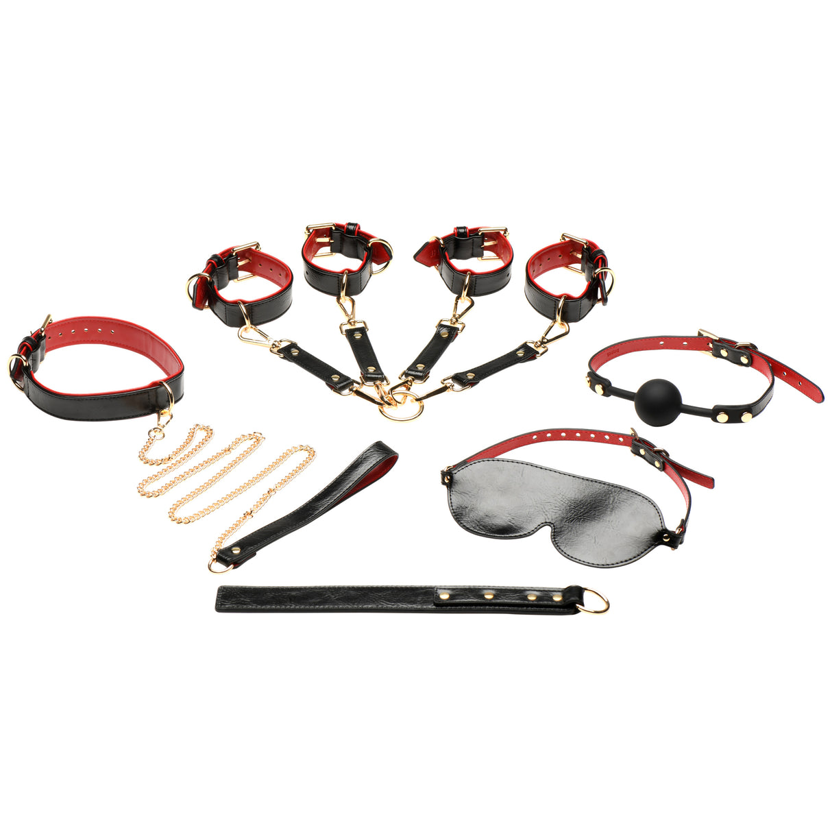 Labeled layout of the Lover's Deluxe Bondage Set contents - BDSM Authority