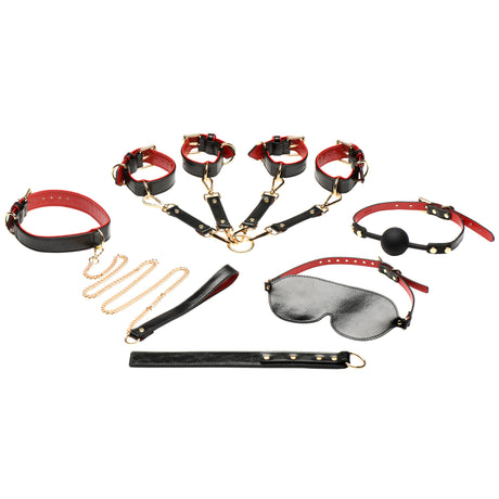 Labeled layout of the Lover's Deluxe Bondage Set contents - BDSM Authority