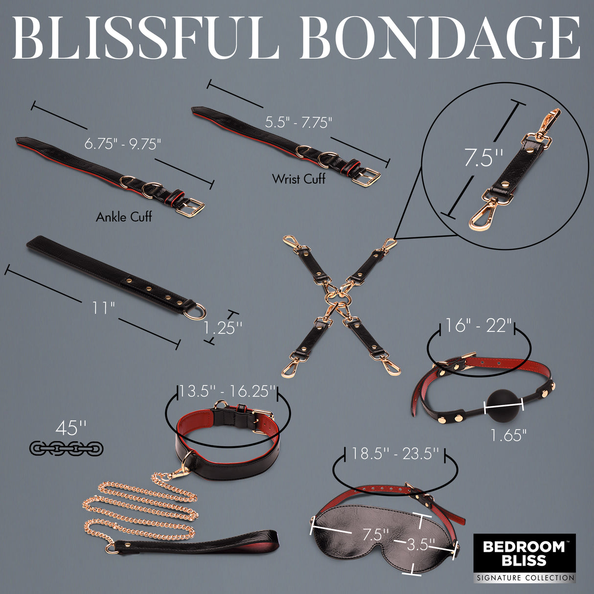 Model restrained in the black and red vegan leather cuffs of the Lover's Deluxe Bondage Set - BDSM Authority