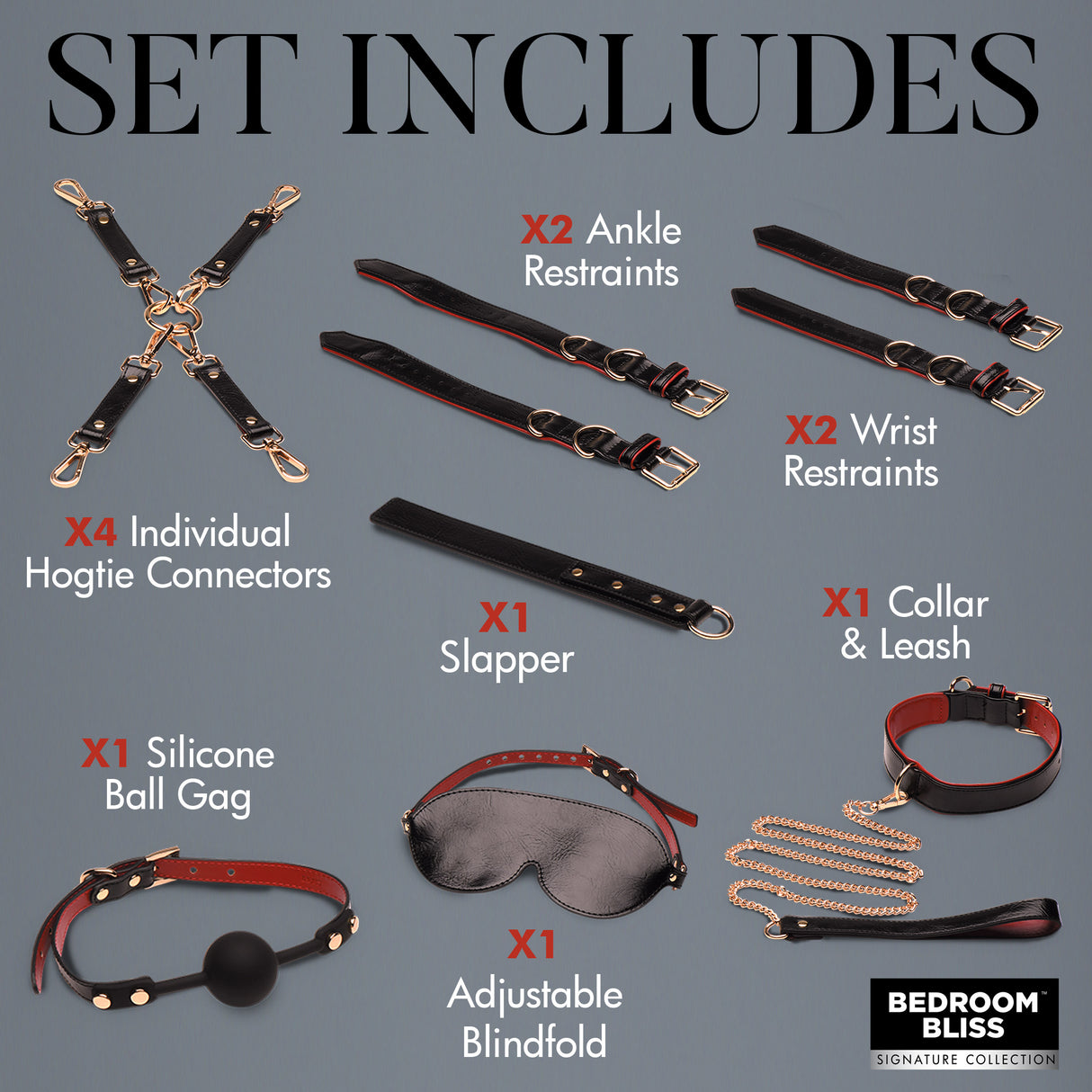 Flat-lay of the Lover's Deluxe Bondage Set: black and red ball gag, blindfold, collar, leash, cuffs, slapper and hogtie clips - BDSM Authority