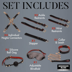 Flat-lay of the Lover's Deluxe Bondage Set: black and red ball gag, blindfold, collar, leash, cuffs, slapper and hogtie clips - BDSM Authority