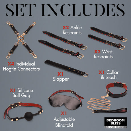 Flat-lay of the Lover's Deluxe Bondage Set: black and red ball gag, blindfold, collar, leash, cuffs, slapper and hogtie clips - BDSM Authority