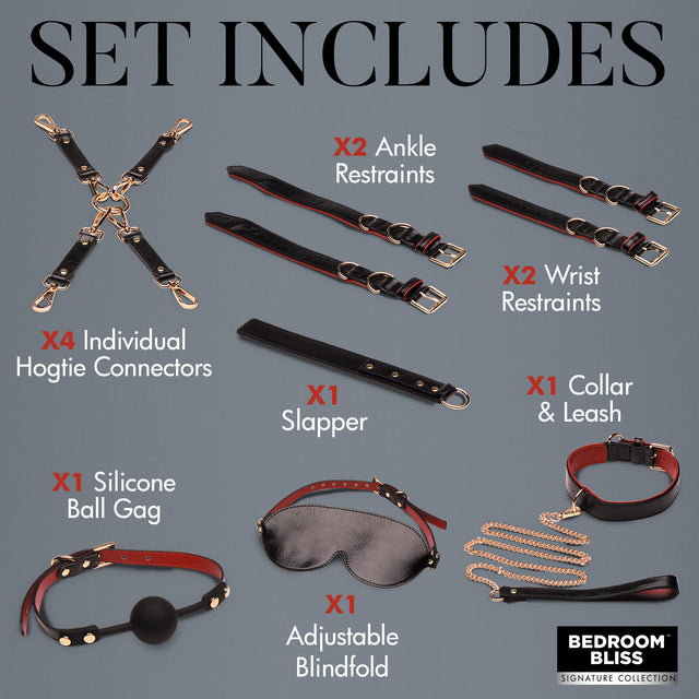 Flat-lay of the Lover's Deluxe Bondage Set: black and red ball gag, blindfold, collar, leash, cuffs, slapper and hogtie clips - BDSM Authority