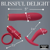 Red silicone vibrating C-ring and bullet with dimension callouts - BDSM Authority