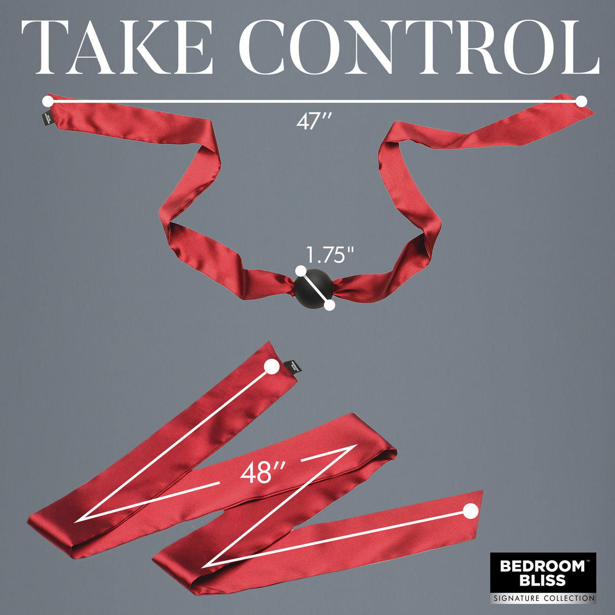 Red satin restraints from the massage set with length callouts - BDSM Authority
