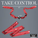 Red satin restraints from the massage set with length callouts - BDSM Authority