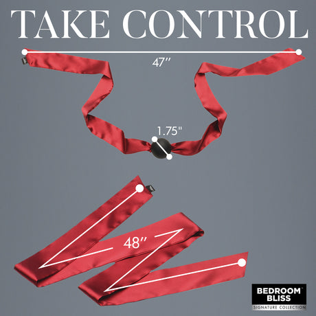 Red satin restraints from the massage set with length callouts - BDSM Authority