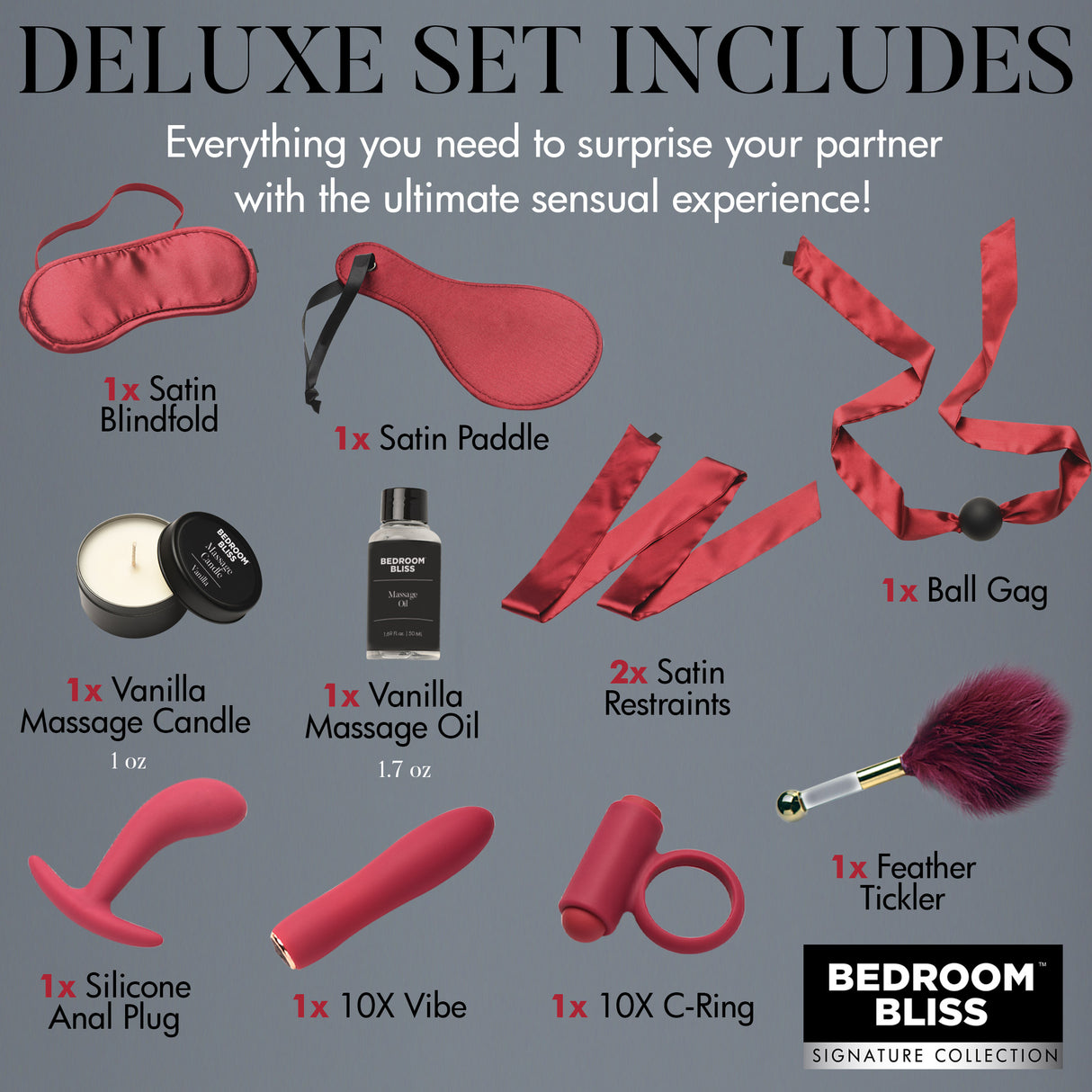 Flat-lay of the red Lover's Deluxe Bondage Massage Set: satin restraints, blindfold, paddle, ball gag, vibrators, candle and oil - BDSM Authority
