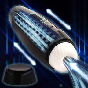 The Milker Max black thrusting and vibrating masturbator standing upright - BDSM Authority