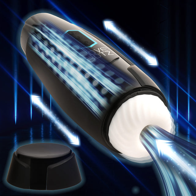 The Milker Max black thrusting and vibrating masturbator standing upright - BDSM Authority
