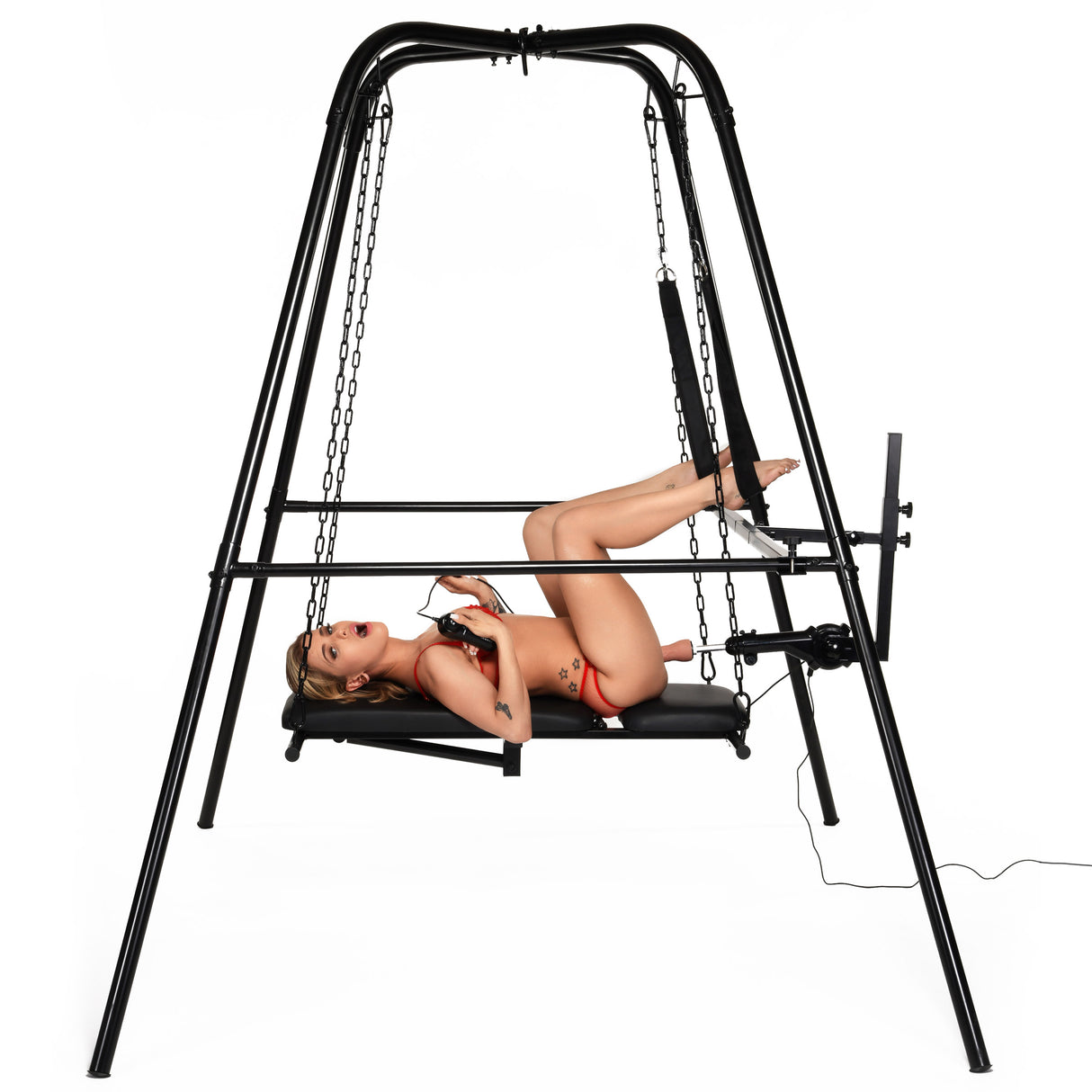 Deluxe Sex Sling Throne with detachable thrusting machine and adjustable stirrups: freestanding suspension frame, premium BDSM bondage furniture for couples - BDSM Authority