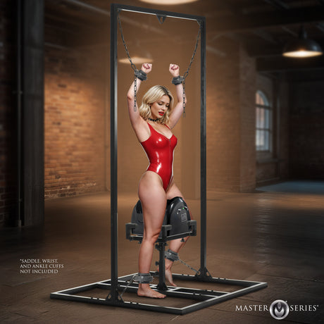 Pleasure Post Saddle Bondage Bench with riding saddle frame and 5 restraint points: heavy-duty BDSM bondage furniture for couples - BDSM Authority