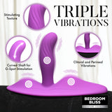Close-up of the purple silicone Love Rider vibrator with its triple vibration callouts - BDSM Authority