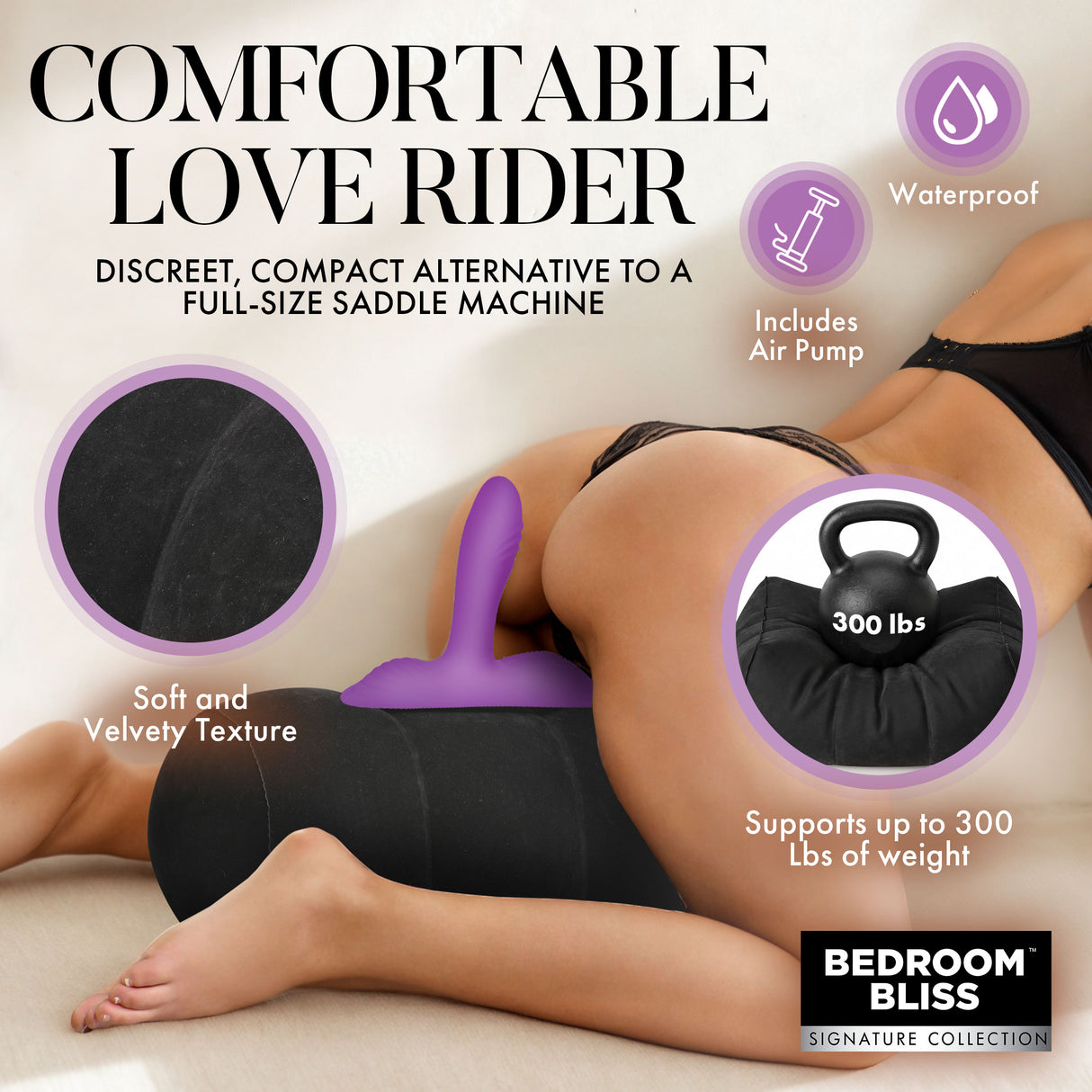 Model on the comfortable Love Rider cushion supporting the body at an angle - BDSM Authority