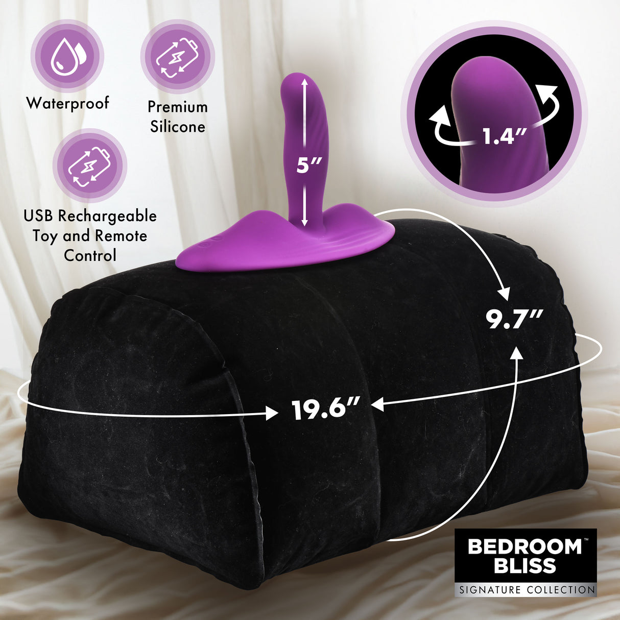 Black Love Rider cushion shown with 19.6 inch length and 9.7 inch height dimensions and purple vibrator - BDSM Authority