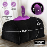 Black Love Rider cushion shown with 19.6 inch length and 9.7 inch height dimensions and purple vibrator - BDSM Authority