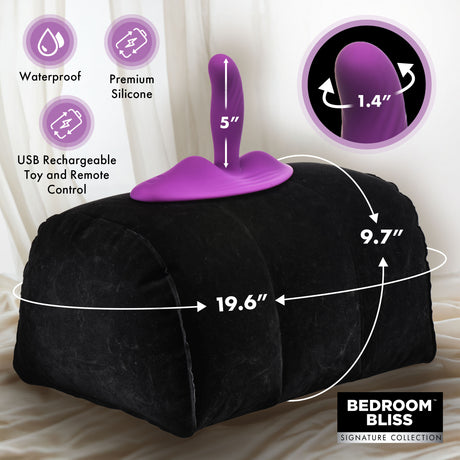 Black Love Rider cushion shown with 19.6 inch length and 9.7 inch height dimensions and purple vibrator - BDSM Authority