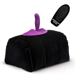 Black inflatable Love Rider Vibrating Cushion with a purple silicone vibrator mounted on top - BDSM Authority
