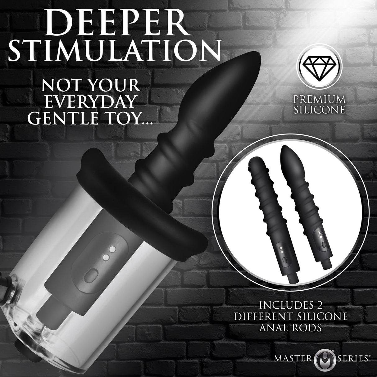 Master Series Rosebud Driller interchangeable silicone rods and suction cylinder detail - BDSM Authority