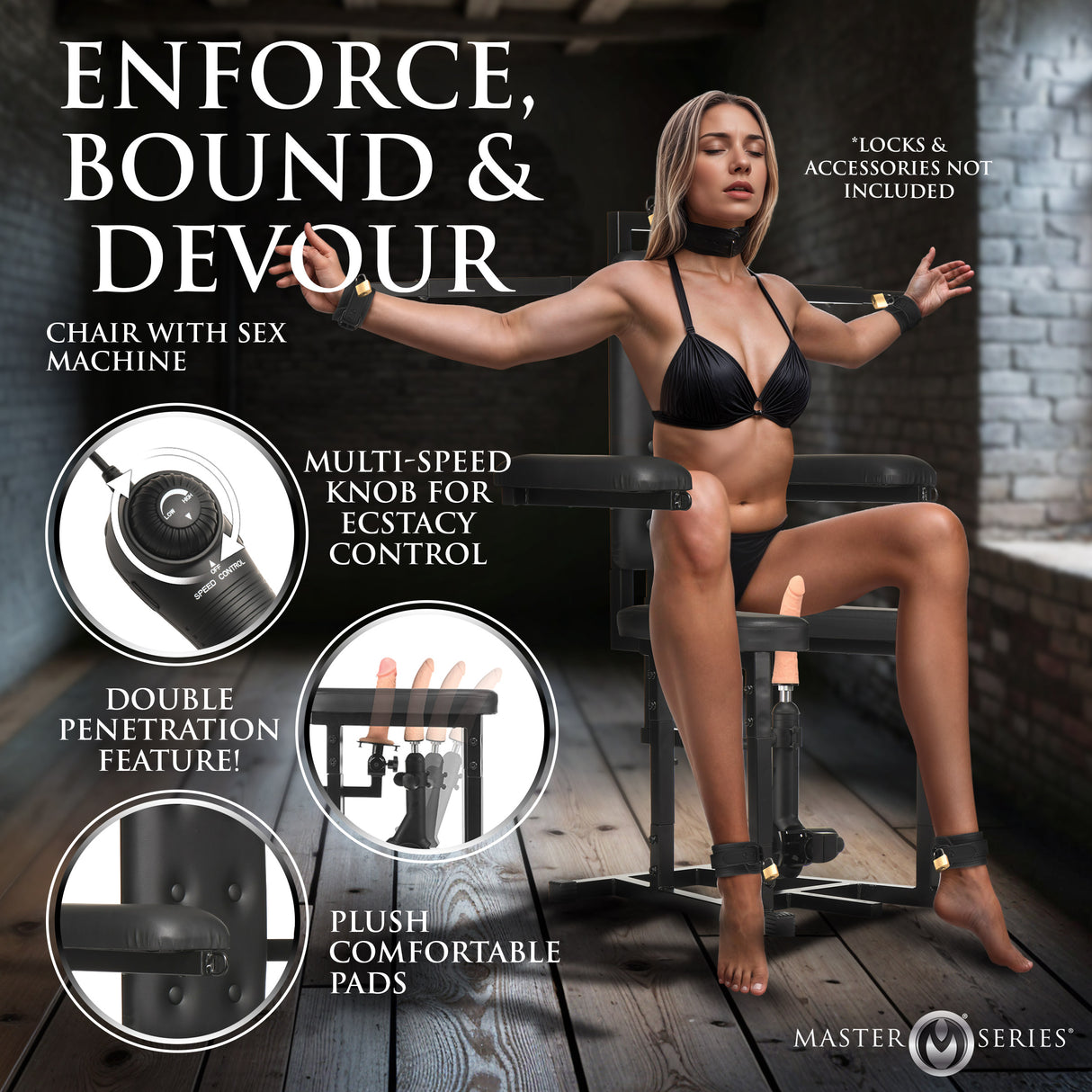 Enforcer Bondage Chair with Sex Machine: angle view - BDSM Authority