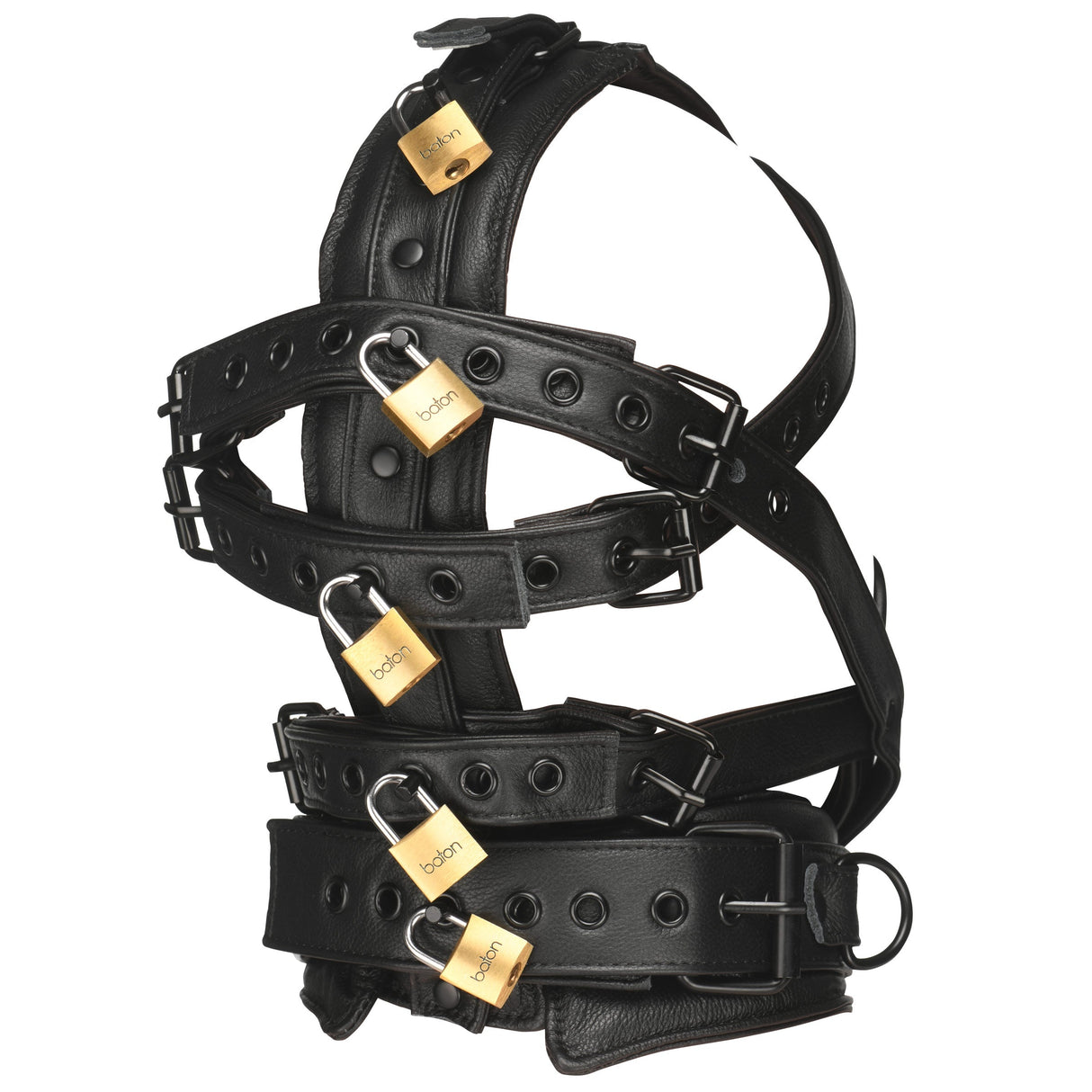 Detail of the leather muzzle and D-ring on the head harness - BDSM Authority