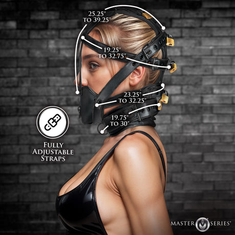 Leather head harness with muzzle shown from the side with collar D-ring - BDSM Authority