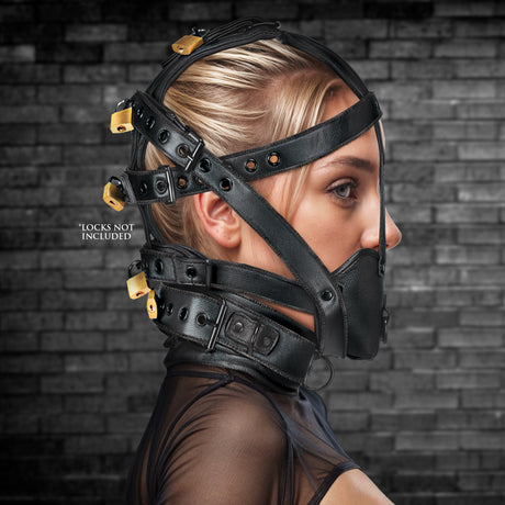 Master Series genuine black leather head harness with muzzle over the mouth and chin - BDSM Authority