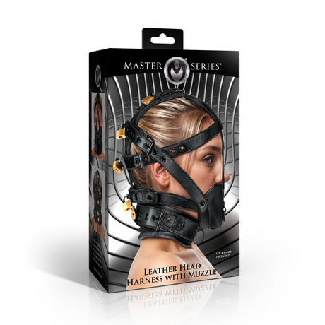 Master Series Leather Head Harness with Muzzle retail packaging - BDSM Authority
