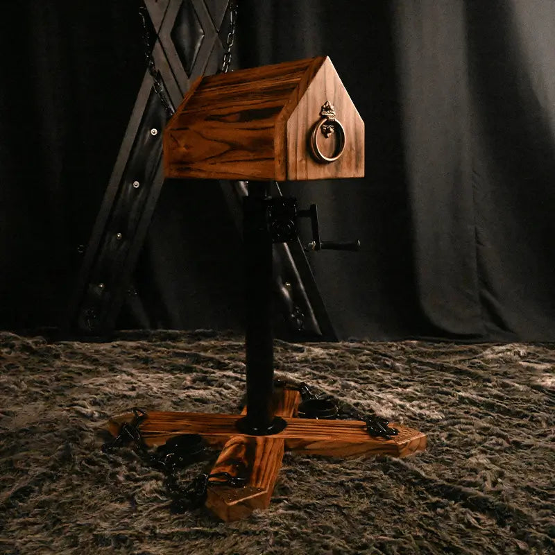 St. Andrew's cross side view with solid elm construction and reinforced base support, BDSM Authority