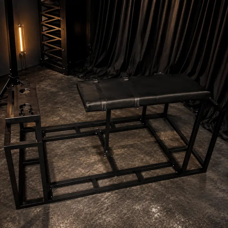 Adjustable kneeling and prone positioning frame with padded support and ergonomic restraint structure
