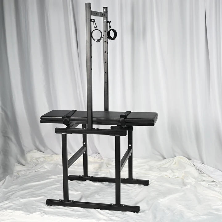 Adjustable Breeding Stand BDSM Positioning System, heavy-duty adjustable BDSM furniture with reinforced frame, padded supports, and multi-point restraint system designed for stable positioning and support.
