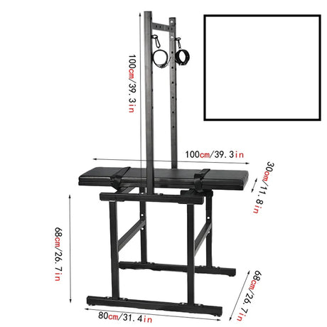 Adjustable Breeding Stand BDSM Positioning System with dimension specifications included, heavy-duty adjustable BDSM furniture featuring reinforced frame, padded supports, and multi-point restraint system for stable positioning and support.
