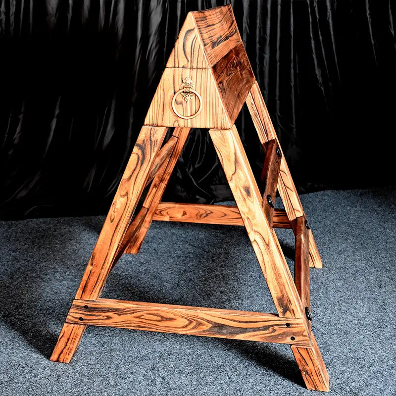 Adjustable kneeling and prone triangular wooden horse HQSM-018 front view with shackles featuring sturdy wood construction, ergonomic support design, and adjustable positioning for training or therapy use
