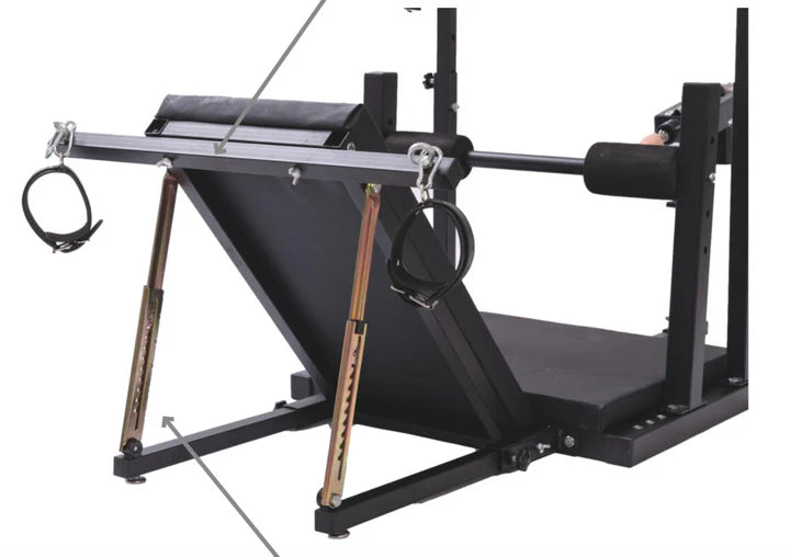 Adjustable Leg Positioning and Restraint Bench for Controlled Exposure, heavy-duty adjustable BDSM furniture featuring reinforced frame, padded support surfaces, and secure leg restraint system for stable positioning and support.
