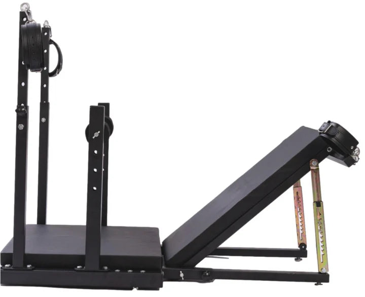 Adjustable Leg Positioning and Restraint Bench for Controlled Exposure left side view, heavy-duty adjustable BDSM furniture featuring reinforced frame, padded support surfaces, and secure leg restraint system for stable positioning and support.
