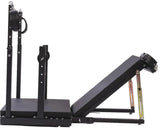 Adjustable Leg Positioning and Restraint Bench for Controlled Exposure left side view, heavy-duty adjustable BDSM furniture featuring reinforced frame, padded support surfaces, and secure leg restraint system for stable positioning and support.
